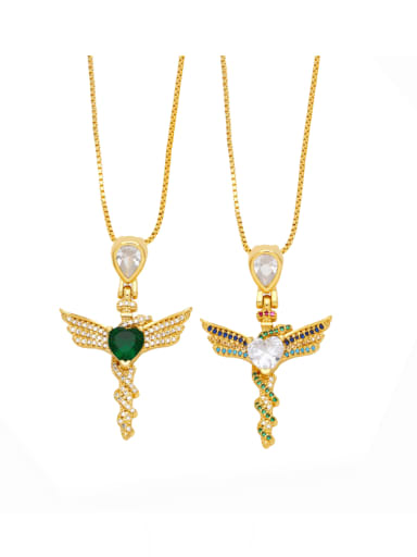Brass Cubic Zirconia Wing Vintage Cross Pendant  Necklace