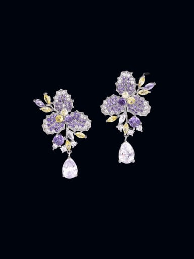 Purple; Brass Cubic Zirconia Flower Luxury Cluster Earring