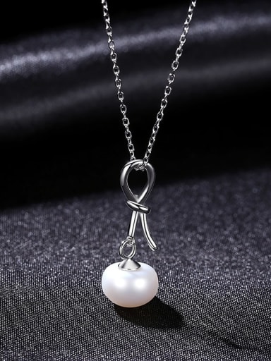 W 5F09 925 Sterling Silver Freshwater Pearl Bowknot Minimalist Necklace