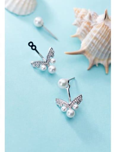 S925 silver simple diamond V-shaped  Imitation Pearl  Earrings
