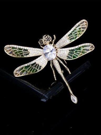 Golden green wings Brass Cubic Zirconia Dragonfly Statement Brooch