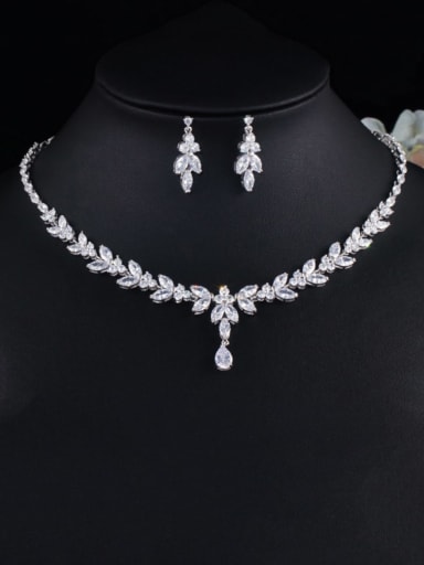 Platinum two piece set Brass Cubic Zirconia Luxury Earring and Necklace Set
