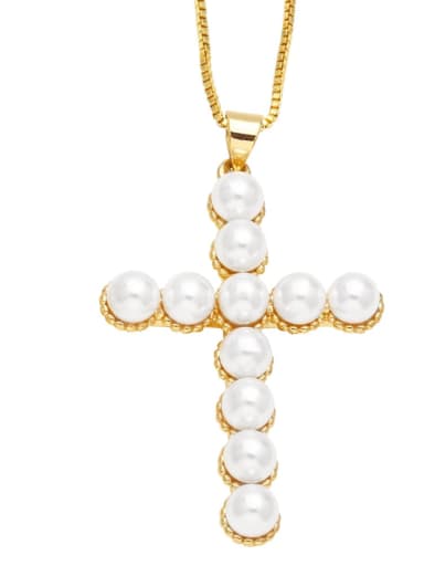 Brass Imitation Pearl Cross Trend Regligious Necklace