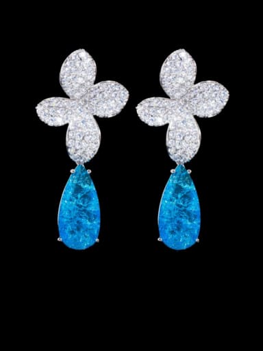 Platinum blue Brass Cubic Zirconia Flower Statement Drop Earring