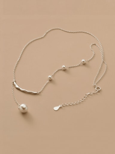 925 Sterling Silver Imitation Pearl Tassel Minimalist Lariat Necklace