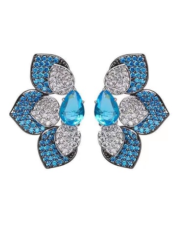 Light blue Brass Cubic Zirconia Flower Vintage Stud Earring