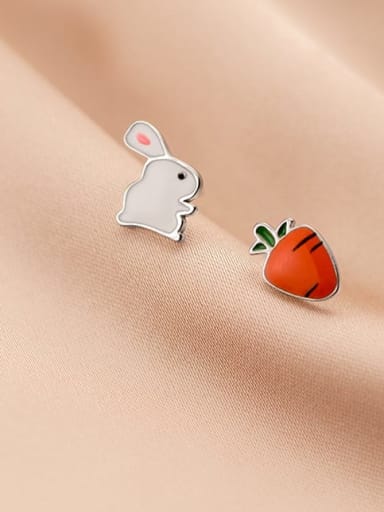925 Sterling Silver Enamel Cute  Asymmetric rabbit carrot Stud Earring