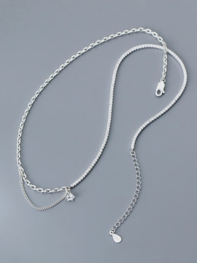 925 Sterling Silver Geometric Minimalist Asymmetric row drill double chain Necklace
