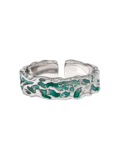 Platinum [green drop glaze] 925 Sterling Silver Enamel Irregular Vintage Band Ring