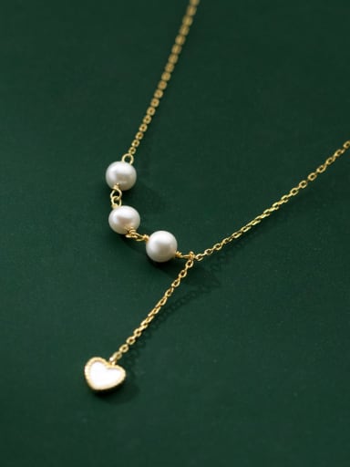 925 Sterling Silver Imitation Pearl Heart Tassel Minimalist Tassel Necklace