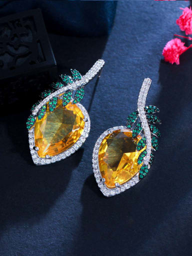 orange Brass Cubic Zirconia Leaf Luxury Stud Earring