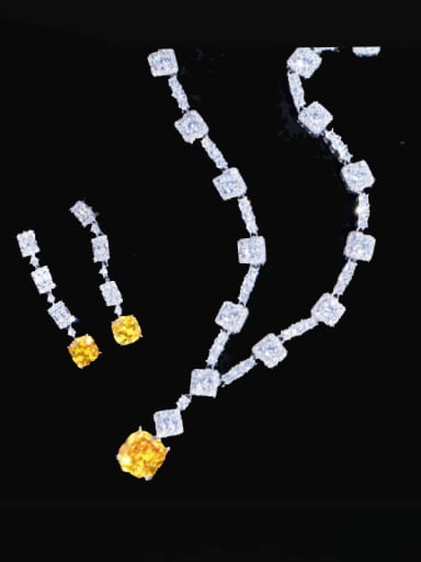 yellow Brass Cubic Zirconia Luxury Geometric Earring and Necklace Set