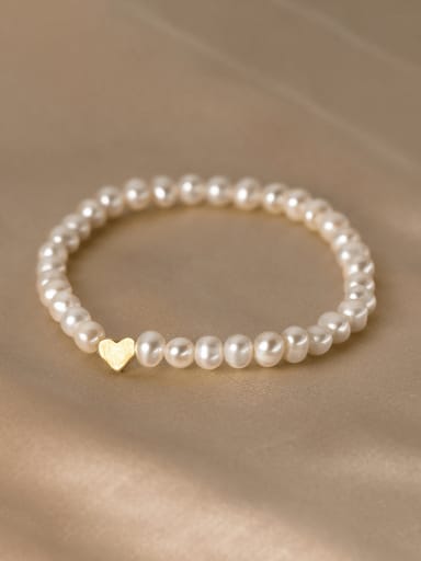 925 Sterling Silver Imitation Pearl Heart Minimalist Stretch Bracelet