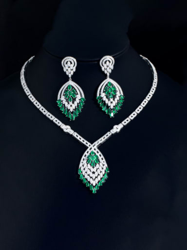 custom Brass Cubic Zirconia Luxury Leaf  Earring and Necklace Set