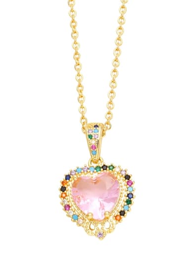 Pink Brass Cubic Zirconia Heart Vintage Necklace