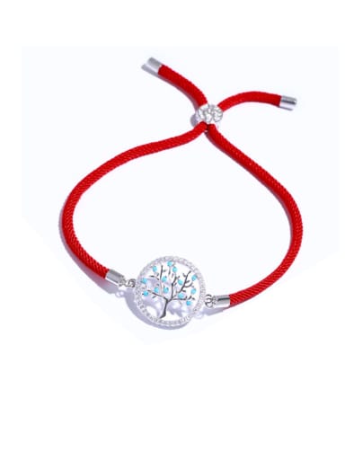 Red rope Silver Brass Cubic Zirconia Tree Vintage Adjustable Bracelet