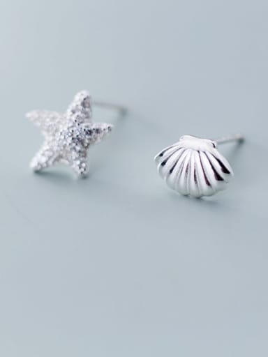 925 Sterling Silver Cute Full diamond starfish asymmetry shell Stud Earring