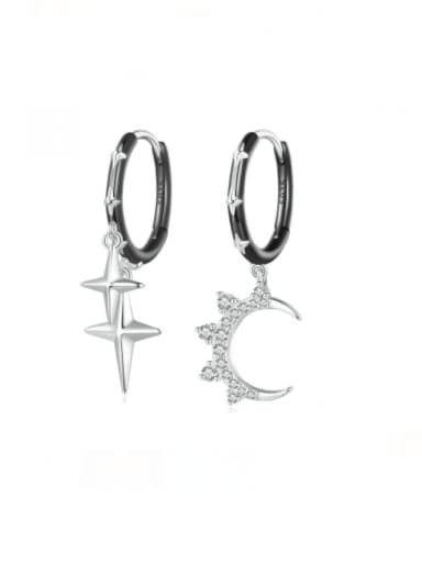 925 Sterling Silver Cubic Zirconia Asymmetrical Cross Moon Minimalist Huggie Earring