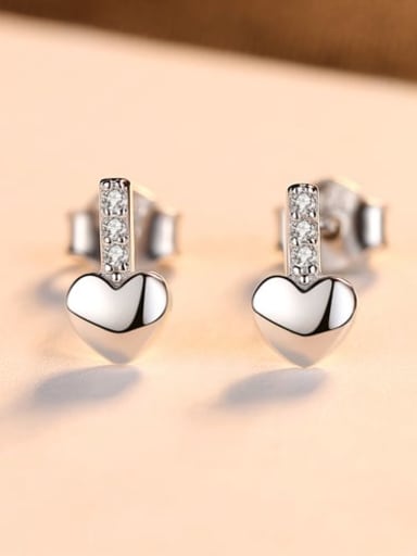 925 Sterling Silver Rhinestone Smooth Heart Cute Stud Earring