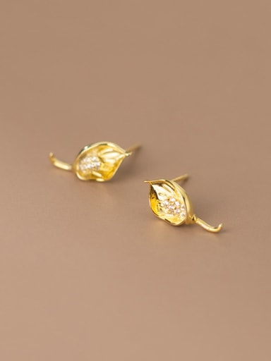 925 Sterling Silver Rhinestone Leaf Minimalist Stud Earring
