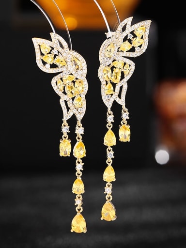 yellow Brass Cubic Zirconia Butterfly Tassel Luxury Cluster Earring
