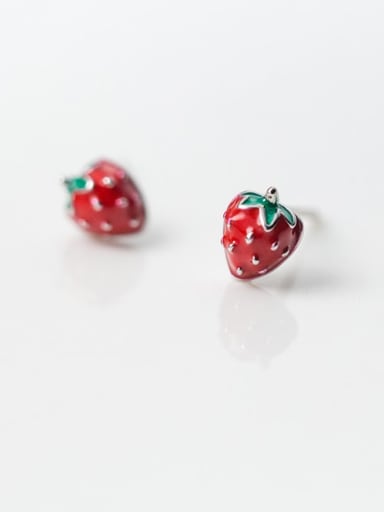 925 Sterling Silver Enamel Friut Cute Strawberry Stud Earring
