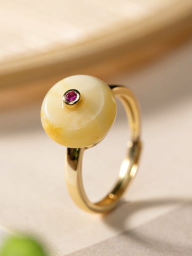 925 Sterling Silver Amber Round Ethnic Band Ring