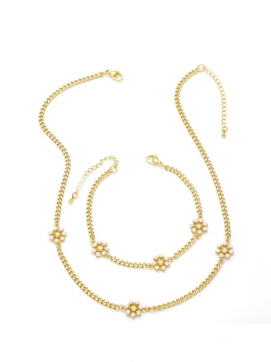 Brass Imitation Pearl Vintage Flower  Bangle and Necklace Set