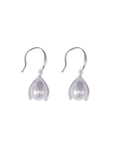 925 Sterling Silver Imitation Pearl Flower Vintage Hook Earring