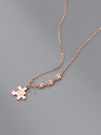 Rose Gold 925 Sterling Silver  Minimalist Simple Glossy Puzzle Smiley Face Pendant Necklace