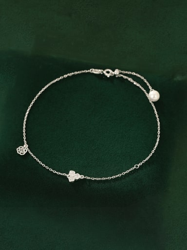 AS043 ? Platinum ? 925 Sterling Silver Cubic Zirconia Flower Minimalist  Anklet