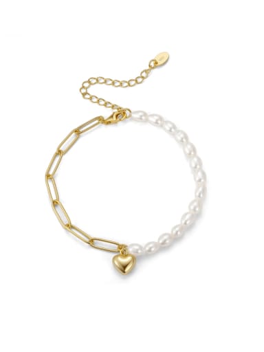 925 Sterling Silver Freshwater Pearl Heart Minimalist Asymmetrical Chain Link Bracelet
