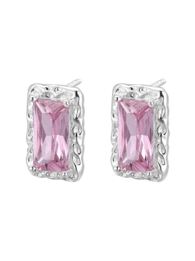 Silver Pleated Pink Diamond Earrings 925 Sterling Silver Glass Stone Geometric Minimalist Stud Earring