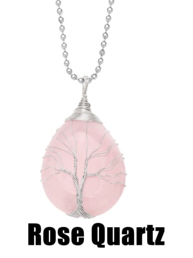 Pink Crystal Rose Quartz Brass Natural Stone Water Drop Vintage Necklace
