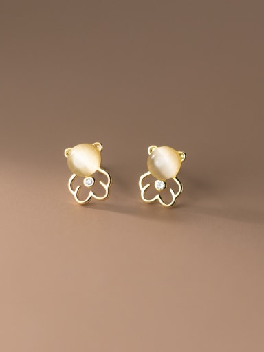 925 Sterling Silver Cats Eye Bear Minimalist Stud Earring