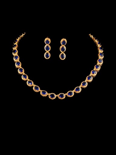 blue Brass Cubic Zirconia Luxury Round Earring and Necklace Set