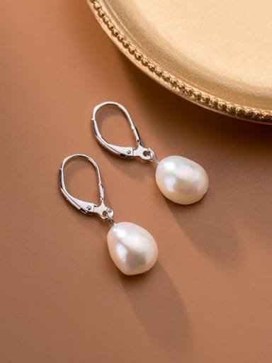 925 Sterling Silver Imitation Pearl Water Drop Minimalist Huggie Earring