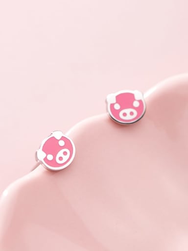 925 Sterling Silver Pink Enamel  Cute  Pig head Stud Earring