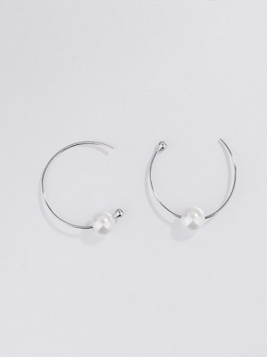925 Sterling Silver Imitation Pearl Line Geometric Minimalist Hoop Earring