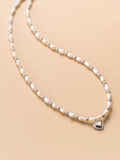 925 Sterling Silver Imitation Pearl Heart Minimalist Choker Necklace