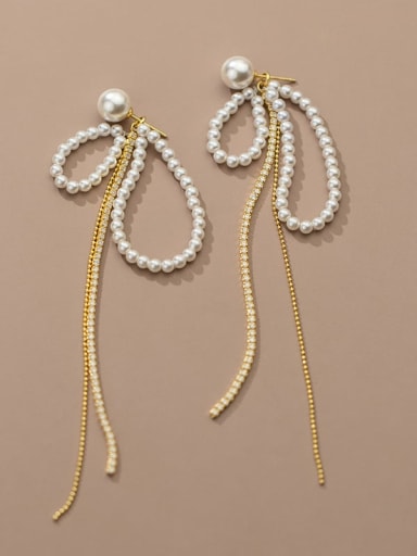 custom 925 Sterling Silver Imitation Pearl Bowknot Tassel Minimalist Drop Earring