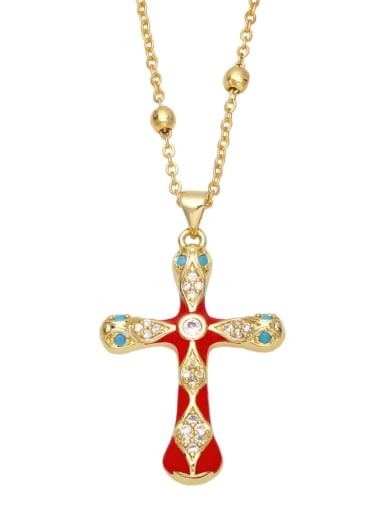 red Brass Cubic Zirconia Cross Vintage Regligious Necklace
