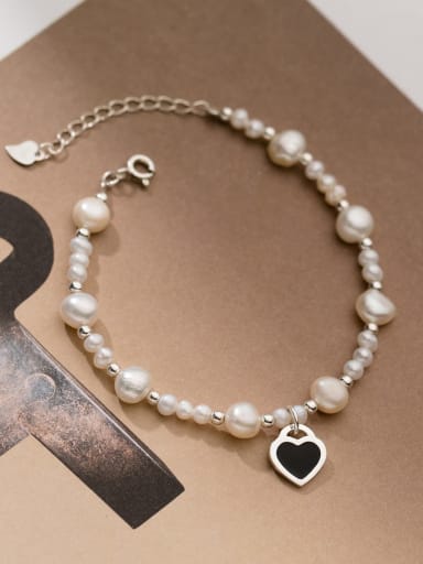 925 Sterling Silver Imitation Pearl Heart Minimalist Beaded Bracelet