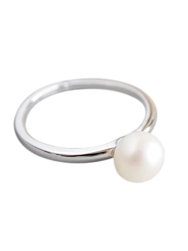 925 Sterling Silver Round Imitation Pearl   Minimalist Free Size Band Ring