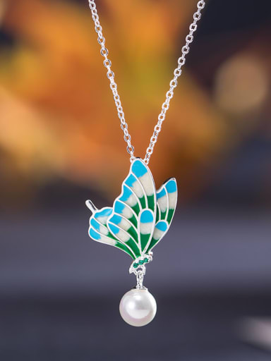 925 Sterling Silver Imitation Pearl Enamel Butterfly Vintage Necklace