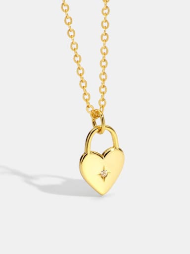 Brass Rhinestone Minimalist Heart Lock Necklace