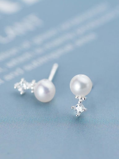 925 Sterling Silver Imitation Pearl  Round Minimalist Stud Earring