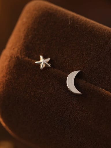 925 Sterling Silver Asymmetrical   Star Moon Minimalist Stud Earring