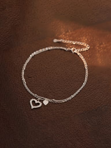 AS027 ? Platinum ? 925 Sterling Silver  Minimalist Heart Double Layer Chain Anklet
