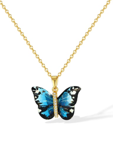 GDX124 Steel Chain Copper Pendant Blue Brass Glass Stone Butterfly Minimalist Necklace